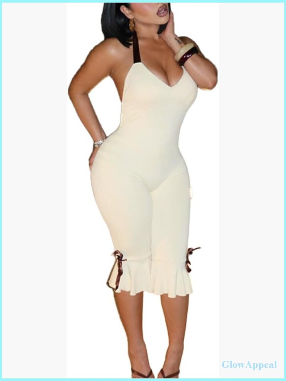 Women's Sleeveless Halter V Neck Capri Jumpsuit Bodycon One Piece